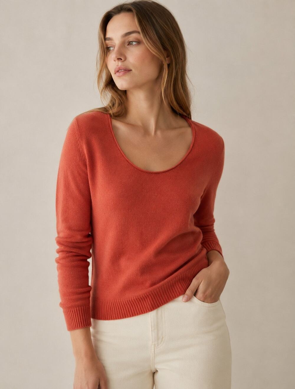 Inhabit Women's Cashmere Sweater Petite S Orange Scoop Neck Long Sleeve Knit Top